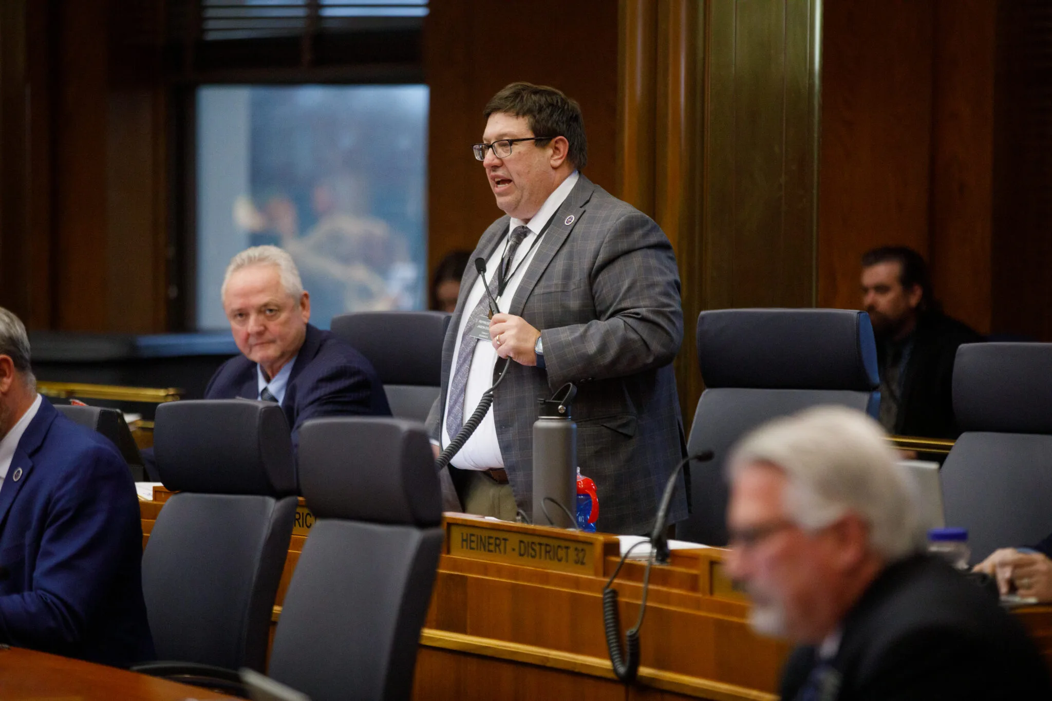 Rep. Jason Dockter, R-Bismarck, speaks on the House floor on May 1, 2025. (Kyle Martin/For the North Dakota Monitor)