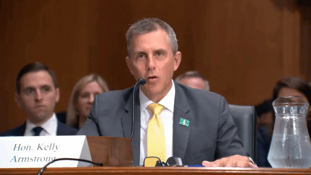 Gov. Kelly Armstrong testifies on highway infrastructure during a meeting of the U.S. Senate Committee on Environment and Public Works in Washington, D.C., on July 16, 2025. (Screenshot from Senate webcast)